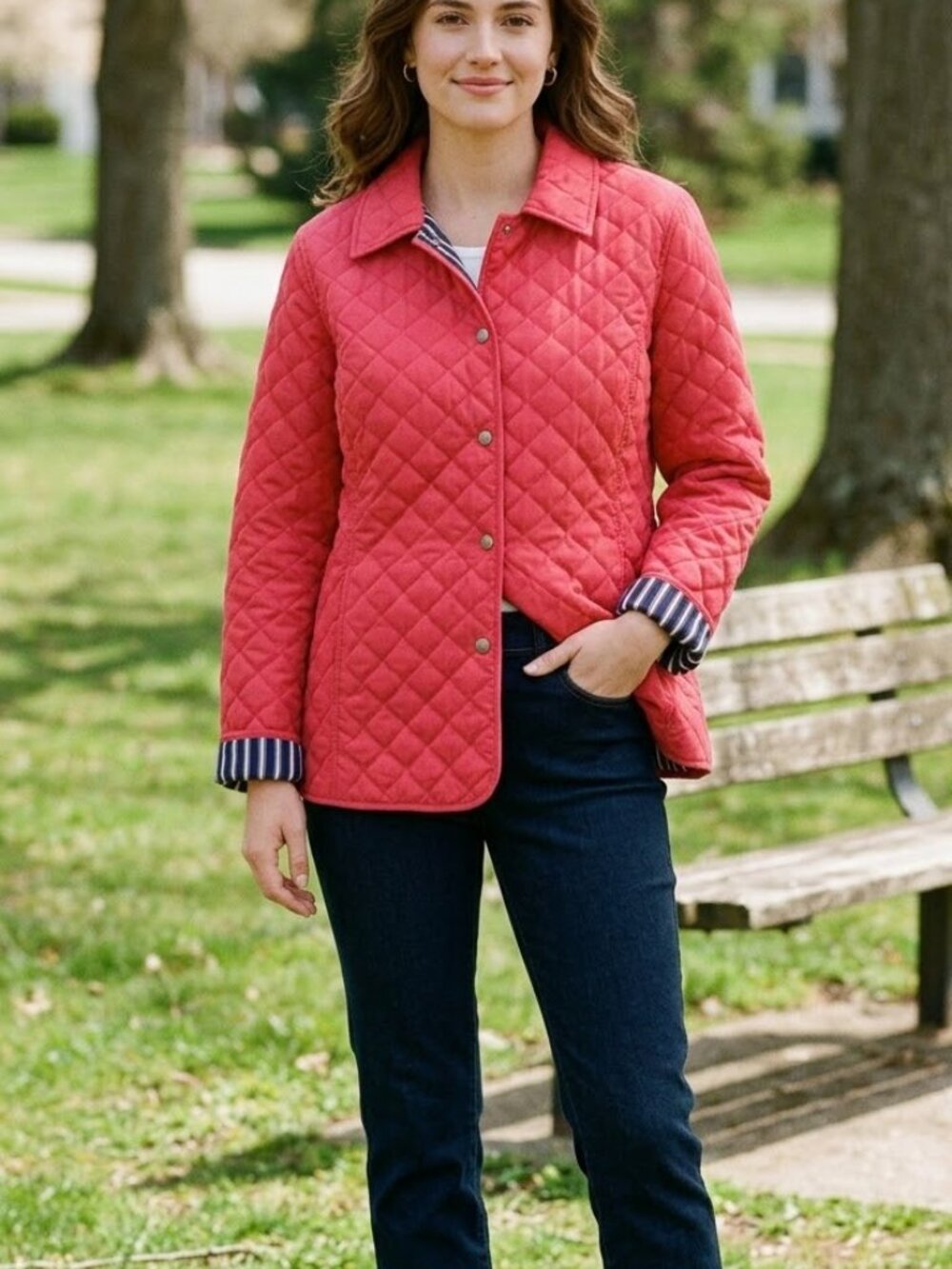 Karen Scott Coral Pink Diamond Quilted Snap Front Jacket Striped Trim - Large